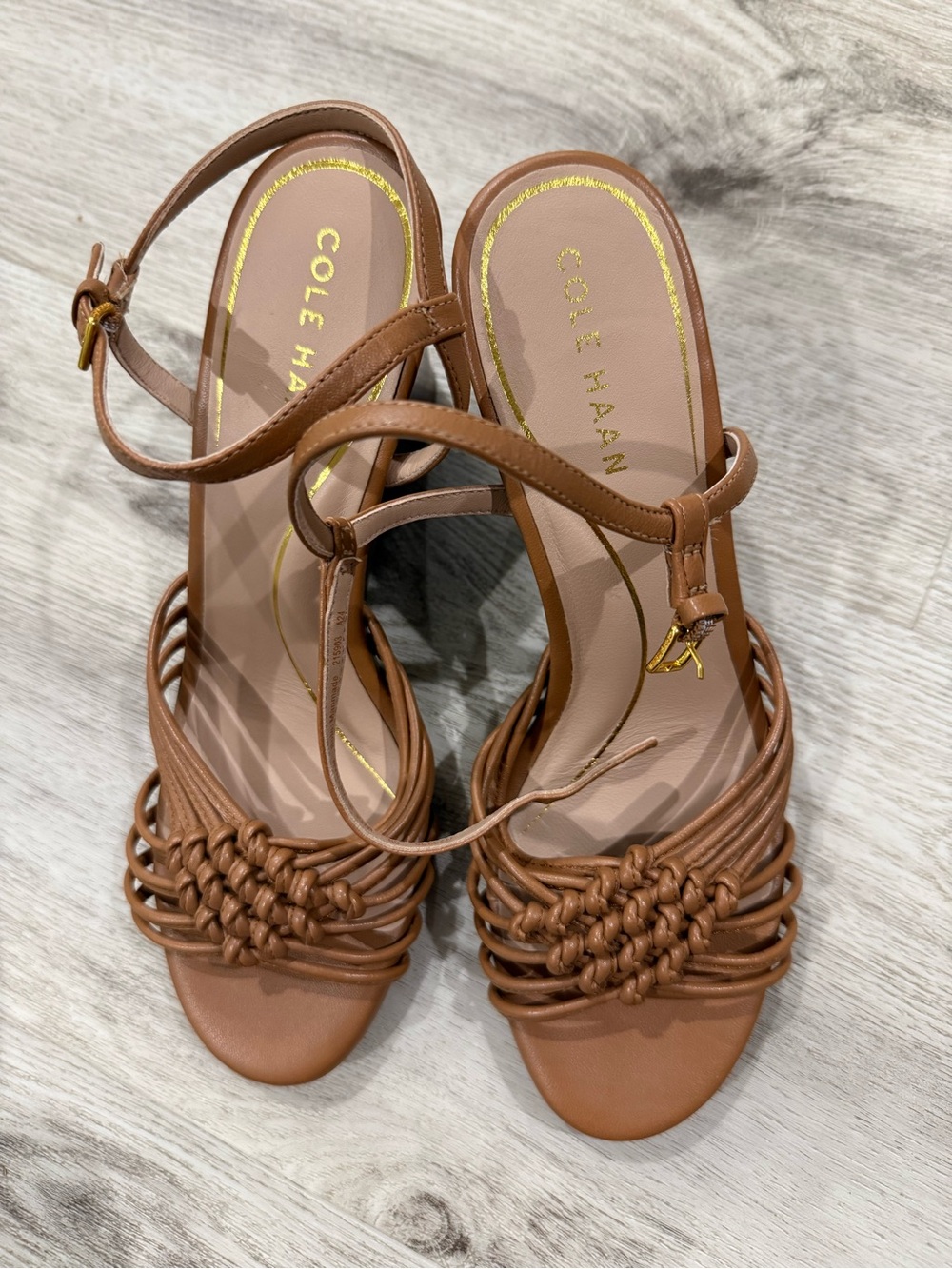 Cole Haan Brown Braided Leather T-Strap Sandals